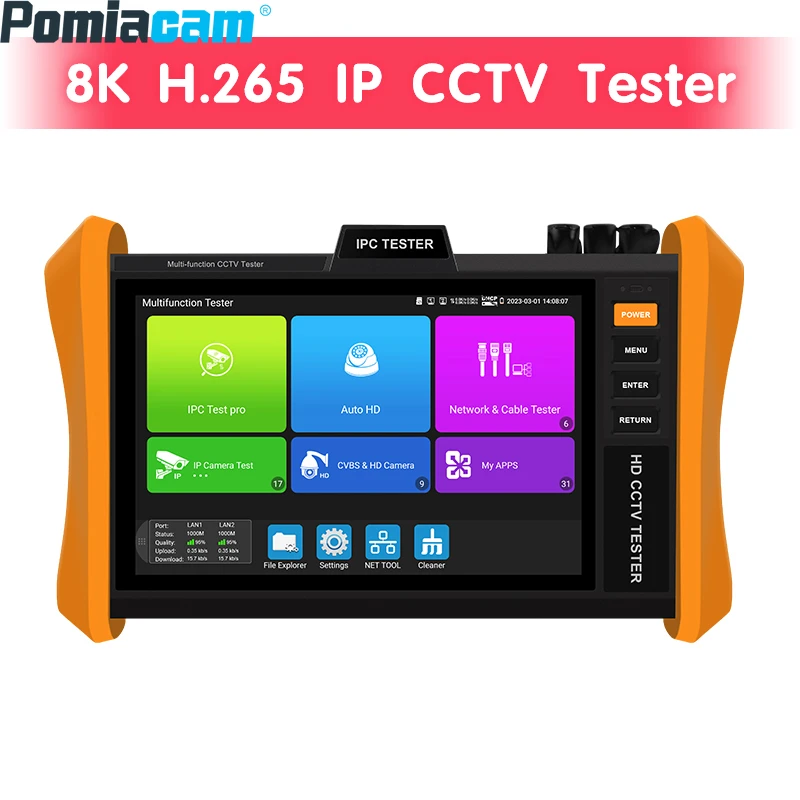 H12 Series NEW 8 Inch 8K H.265 IP CCTV Camera Tester , 8MP AHD/TVI/CVI CCTV Camera Tester Support POE++, SFP Module