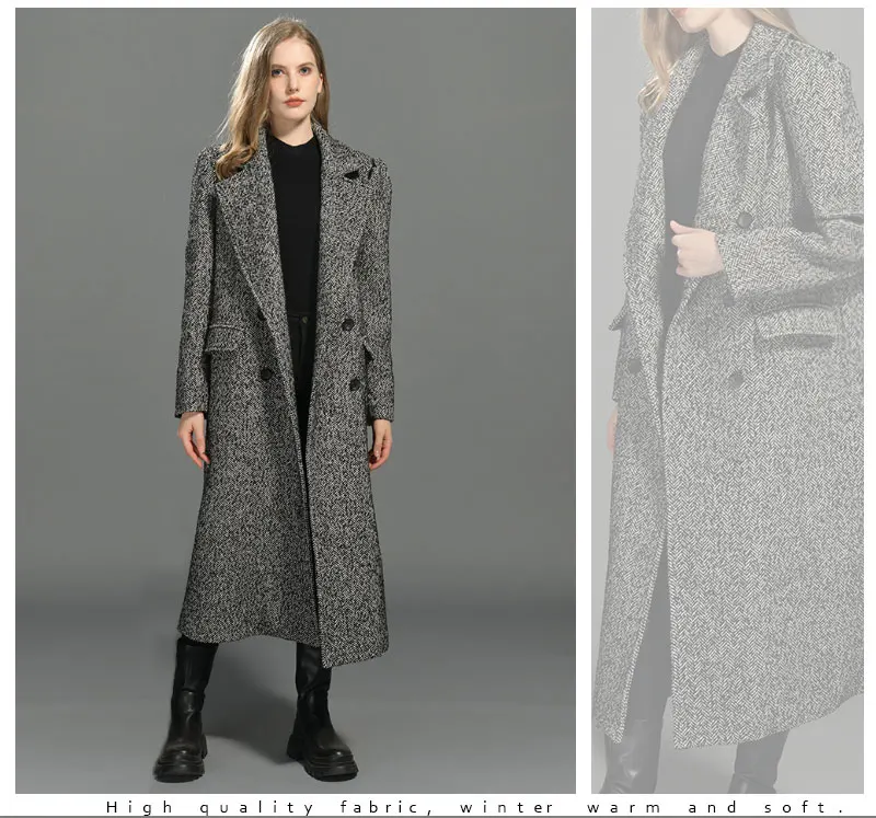 Back view of women's double breasted wool coat with striped pattern