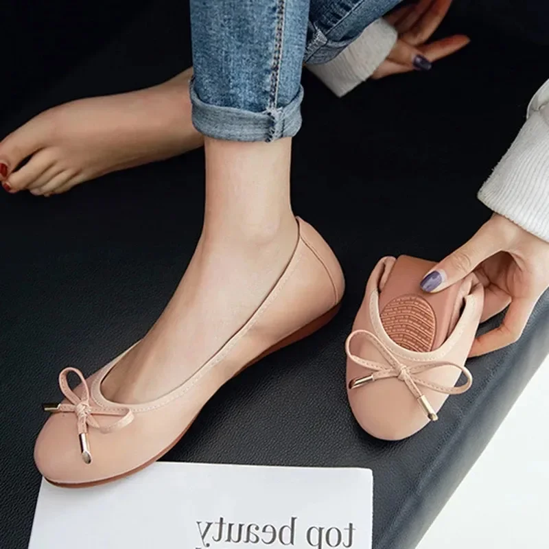 YAERNBig Size 42/43 Ladies Single Shoes Bowtie Flats Patent Leather Loafers Women Round Toe Roll-Up Shoes Woman Bridesmaid Flats 5