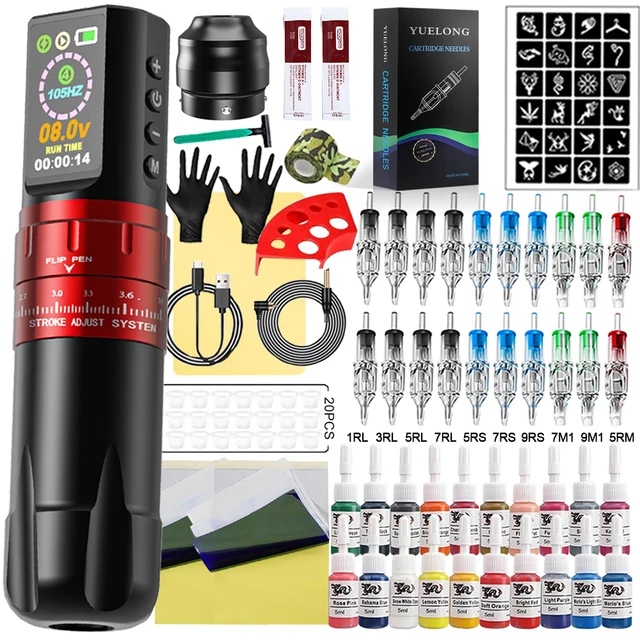 Wireless Tattoo Pen Machine Kit Adjustable 2.4-4.2mm Strokes Rotary Tattoo Machine with Mixed Cartridge Needles Ink Set 1