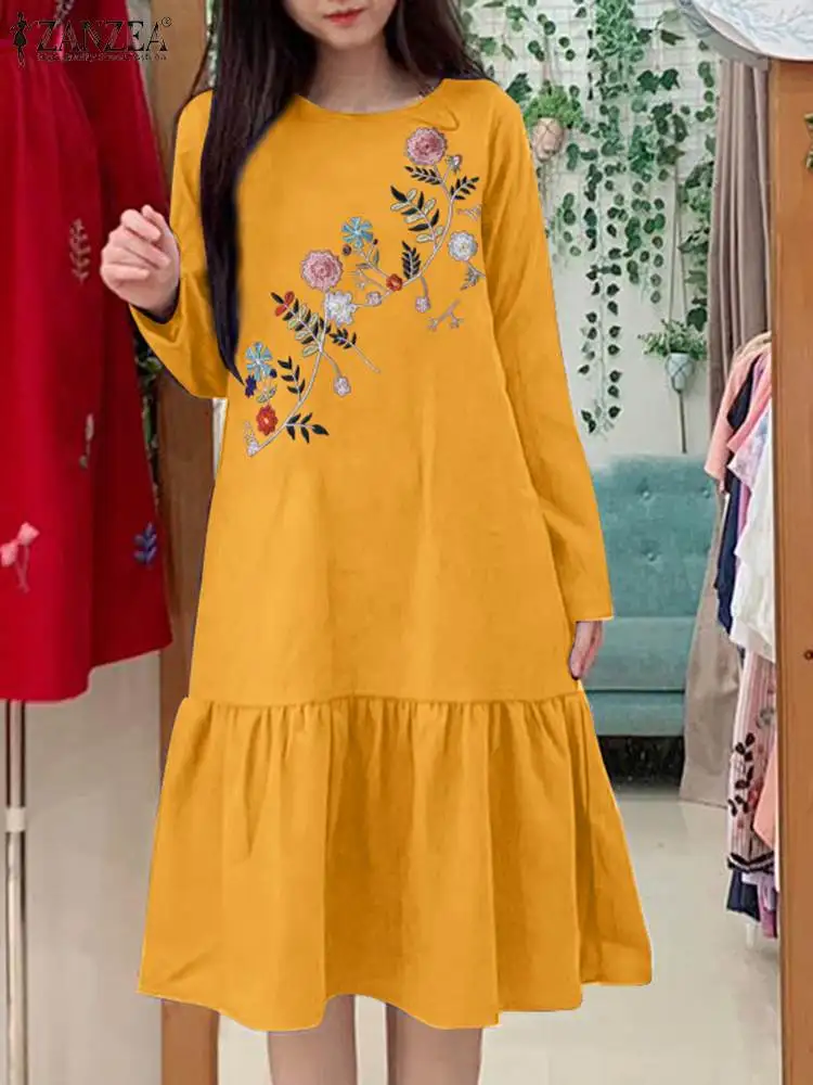 

ZANZEA 2024 Summer Long Dress Women Floral Embroidery Vestidos Casual Loose Ruffle Pleated Midi Dresses Vintage Long Sleeve Robe