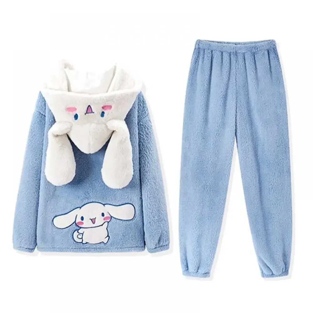 Kawaii Cinnamoroll Women Plush Pajamas Suit 2Pcs Winter Hooded Home Clothes Cartoon Thickened Homewear Girls Household Clothes women plush pajamas
