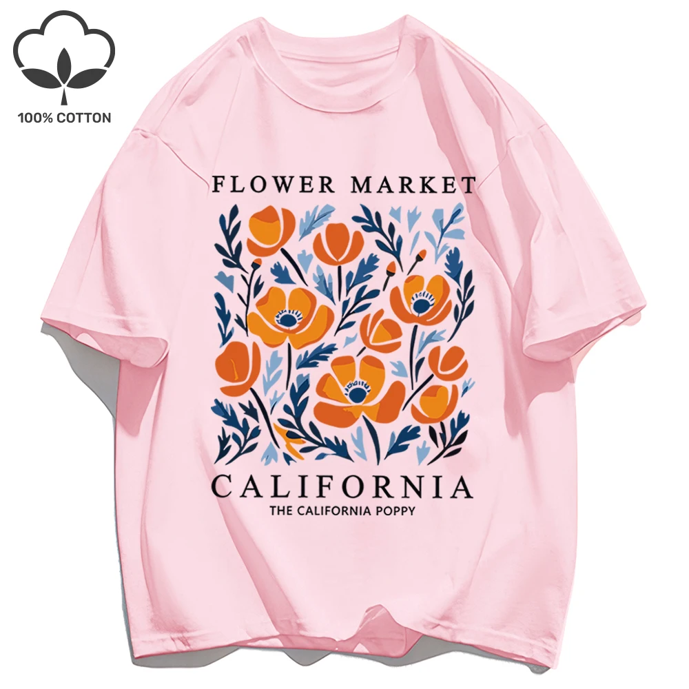 California Yellow Flowers Print Women's Soft Cotton O-Neck Casual Tee
