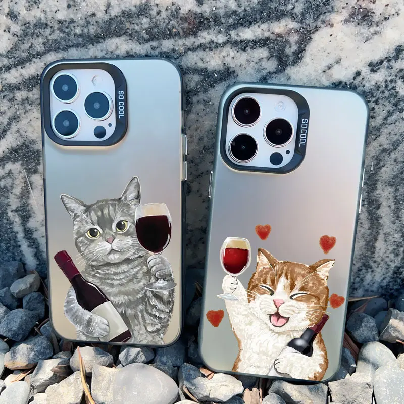 Chic Red Wine Glass & Cute Cat Shockproof Laser Phone Case Cover