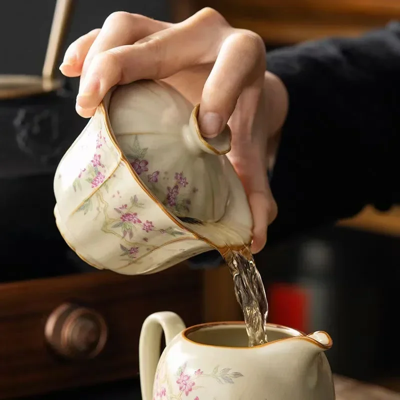 Retro Large Ceramic Tea Brewing Cup Set, Teacup, Anti-Scald, Beige Gracked Glaze, Single, Retro, Plum Blossom, Household
