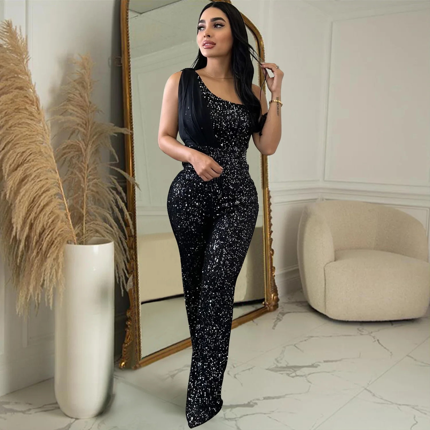 

Zoctuo Women's Sequin Black Jumpsuits Fashion One Shoulder Skinny Pants Luxury Banquet Sparkly Sleeveless Evening Party Jumpsuit