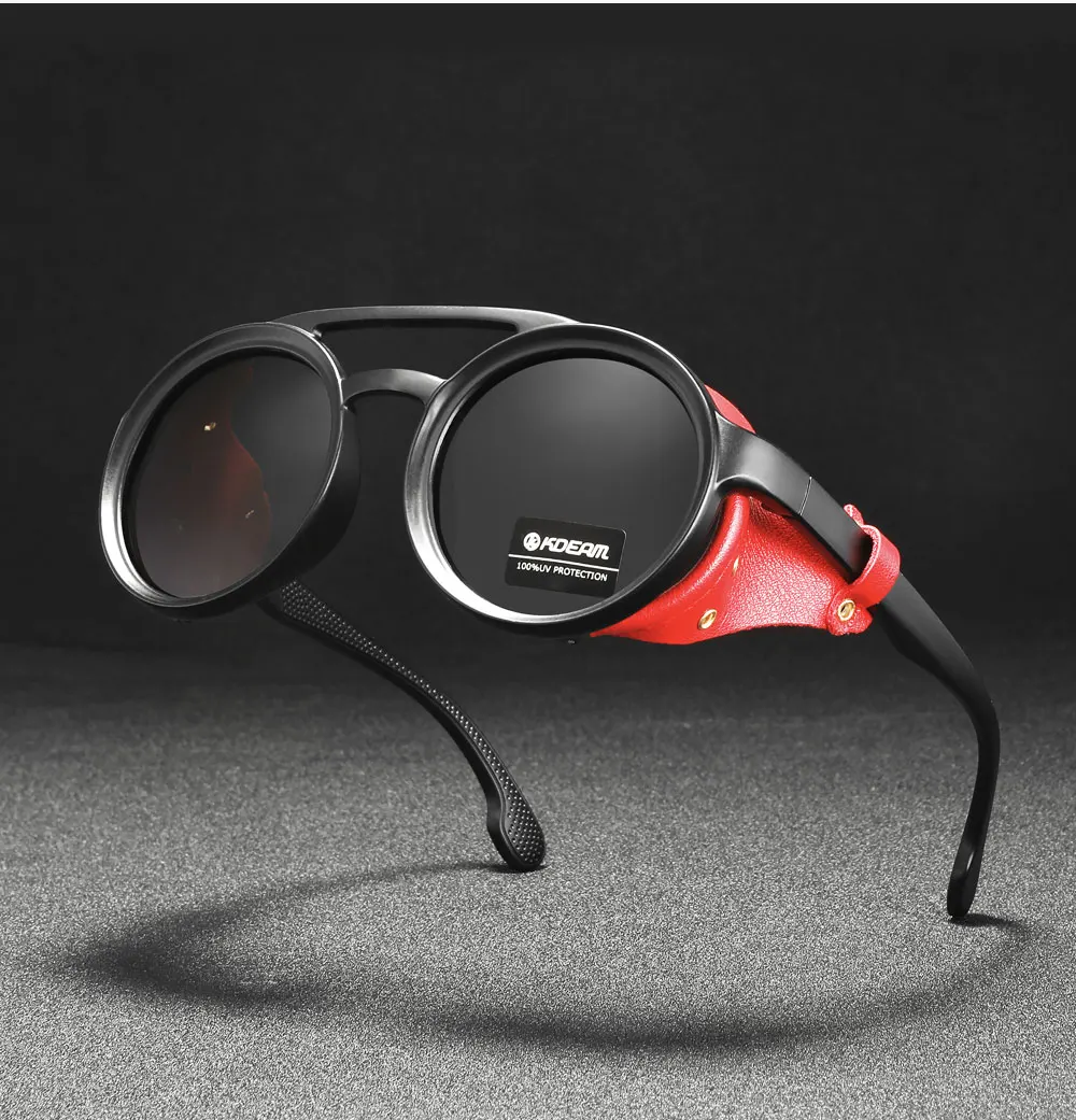 KDEAM Polarisierte Sonnenbrille Runde Für Männer Frauen Weiche Leder Schild Sonnenbrille Retro Brillen Mit Schädel Zipper Fall KD0418 – Detail 2