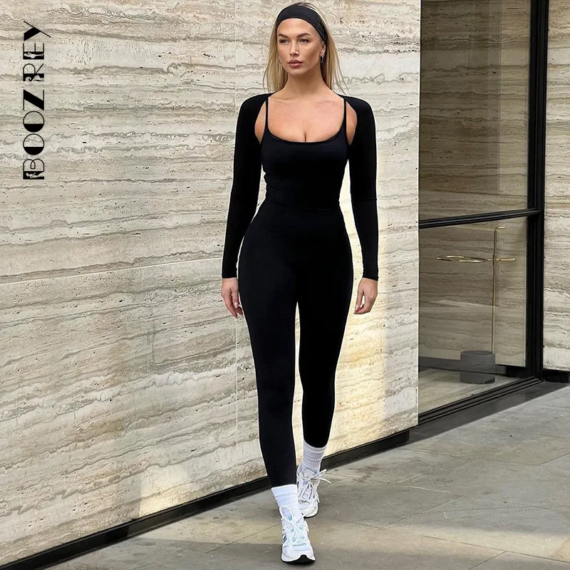 BoozRey 2023 Autumn Fashion Solid Long Sleeve Shawl Top +high Elasticity Camisole Jumpsuit Women Slim Backless Two Piece Set