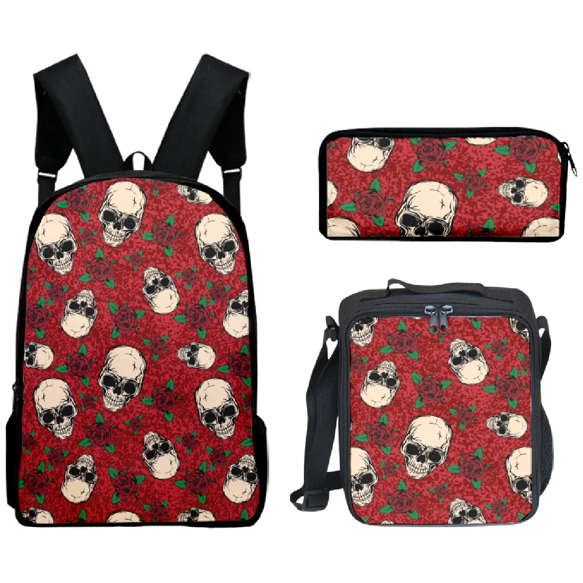 3psc/set Flower Skull Backpack Primary Middle School Students Boys Girls Schoolbag Lunch Bag Pen Case 3D Oxford Travel Backpack