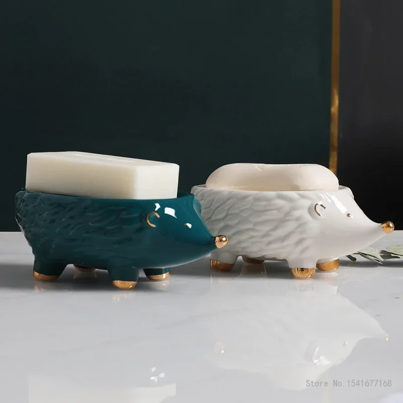 1pc Creative Light Luxury Ceramic Drain Soap Box Cartoon Cute Hedgehog Shaped Kitchen Bathroom Accessories Soap Dish Storage Box