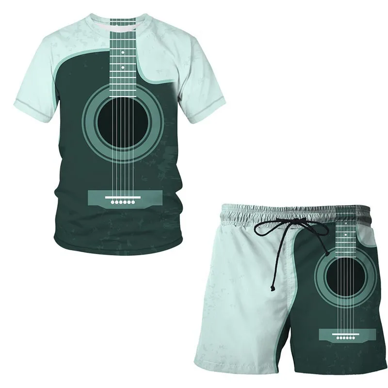 thumbnail image 1 of Conjunto de pantalones cortos de manga corta con estampado 3D y patrón de guitarra musical personalizado Conjunto holgado de 2 piezas para hombre, 1 of 5