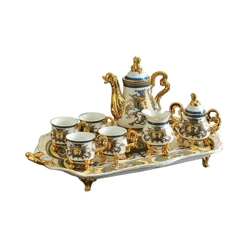 15pcs Gothic Court Royal Home Decors Porcelain Gold Handle Coffee Tea Set