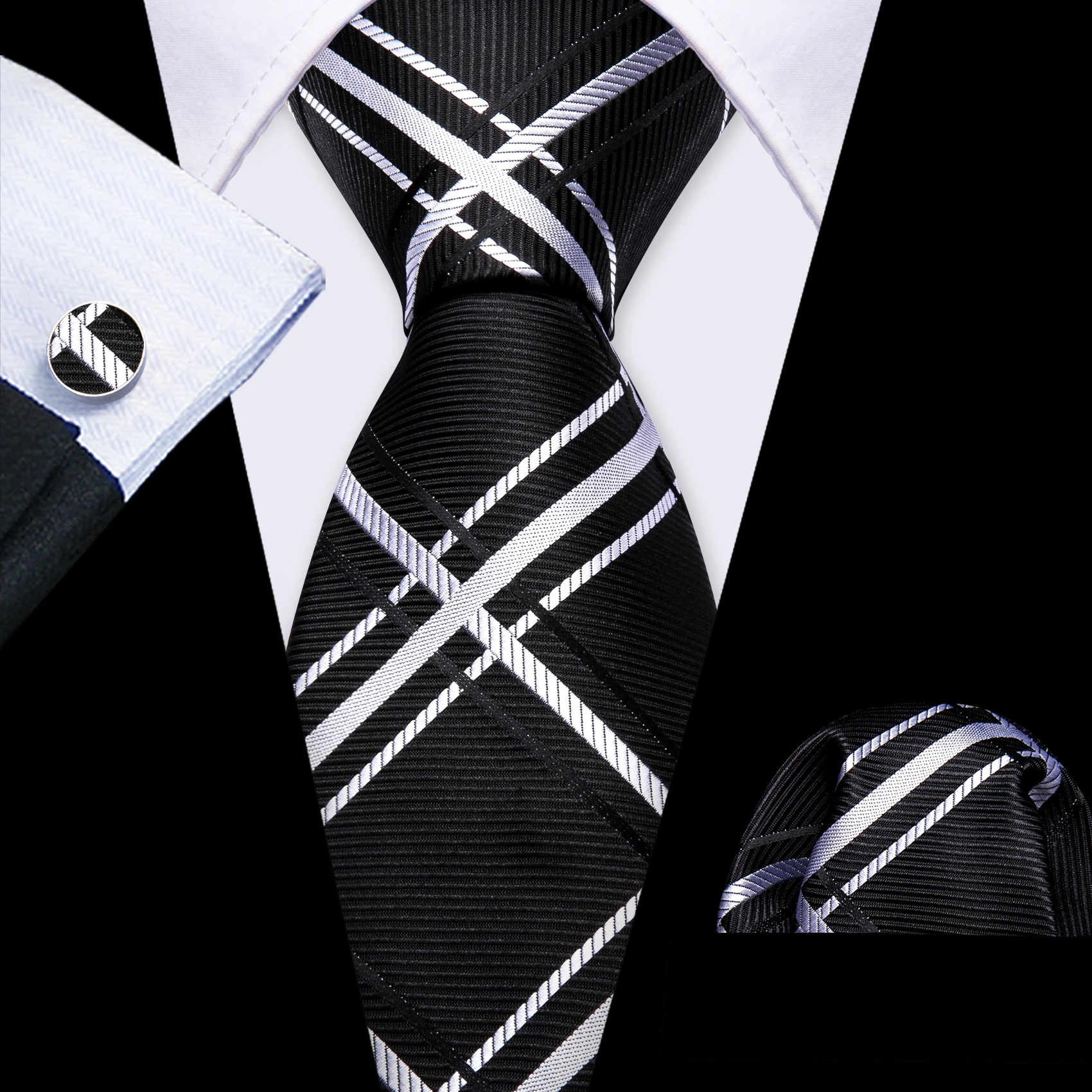 Set Cravatta Uomo In Microfibra Con Fantasia Tartan Quadri, Gemelli E Fazzoletto Da Taschino - Nero E Grigio