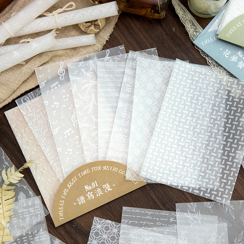 Yoofun 8pcs/lot Half Transparent Parchment Material Papers Scrapbooking Collage Junk Journal Background Floral Paper Stationery