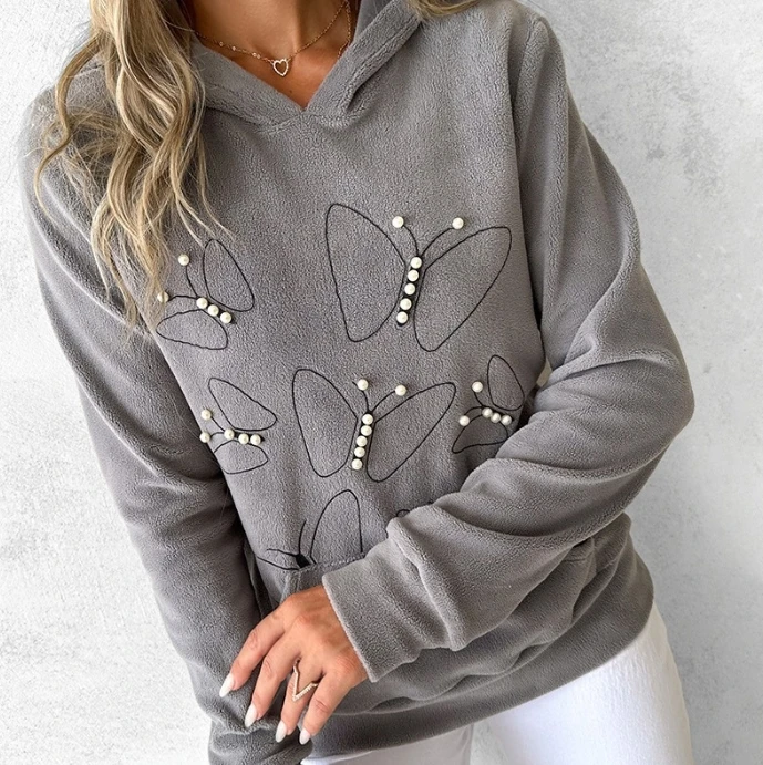 Женский Повседневный свитер с капюшоном, пуловер с длинным рукавом и принтом бабочек, украшенный бисером, с капюшоном и карманами, 2024