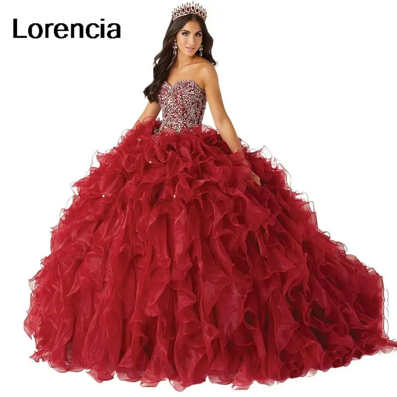 

Lorencia Burgundy Crystal Beaded Ball Gown Quinceanera Dress Ruffles Women Corset Mexican Sweet 16 Vestidos De 15 Años YQD599