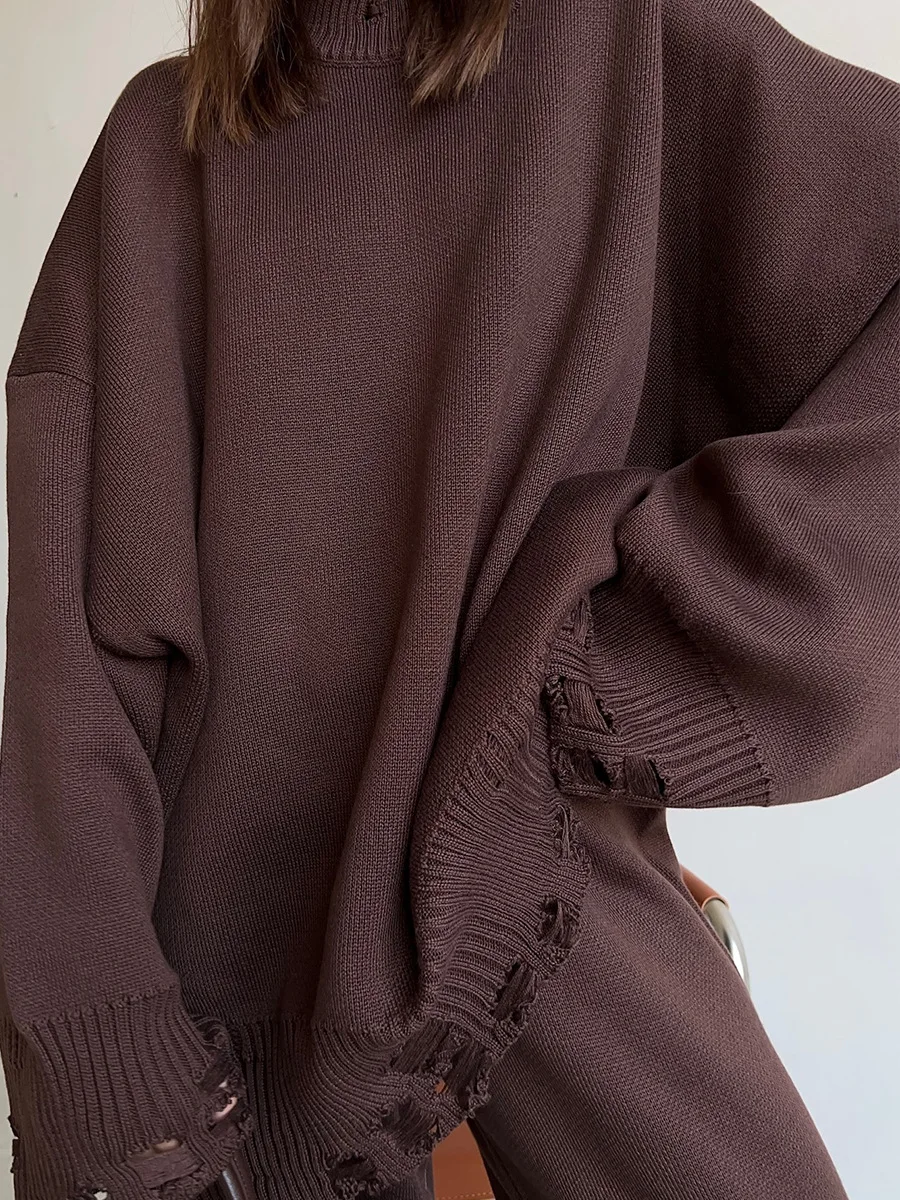 Two Piece Ripped Set Women Knit Tracksuits O Neck Long Sleeve Casual Baggy Sweatshirts+ Joggers Pants Outfits 2025 Fall Winter 6