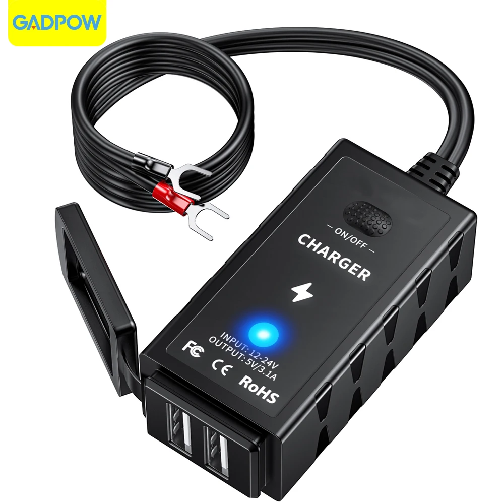 

Gadpow 5V/3.1A Motorcycle USB Charger Dual USB Motorbike Socket 12V-24V Waterproof with Switch for Motorcycle Accessories