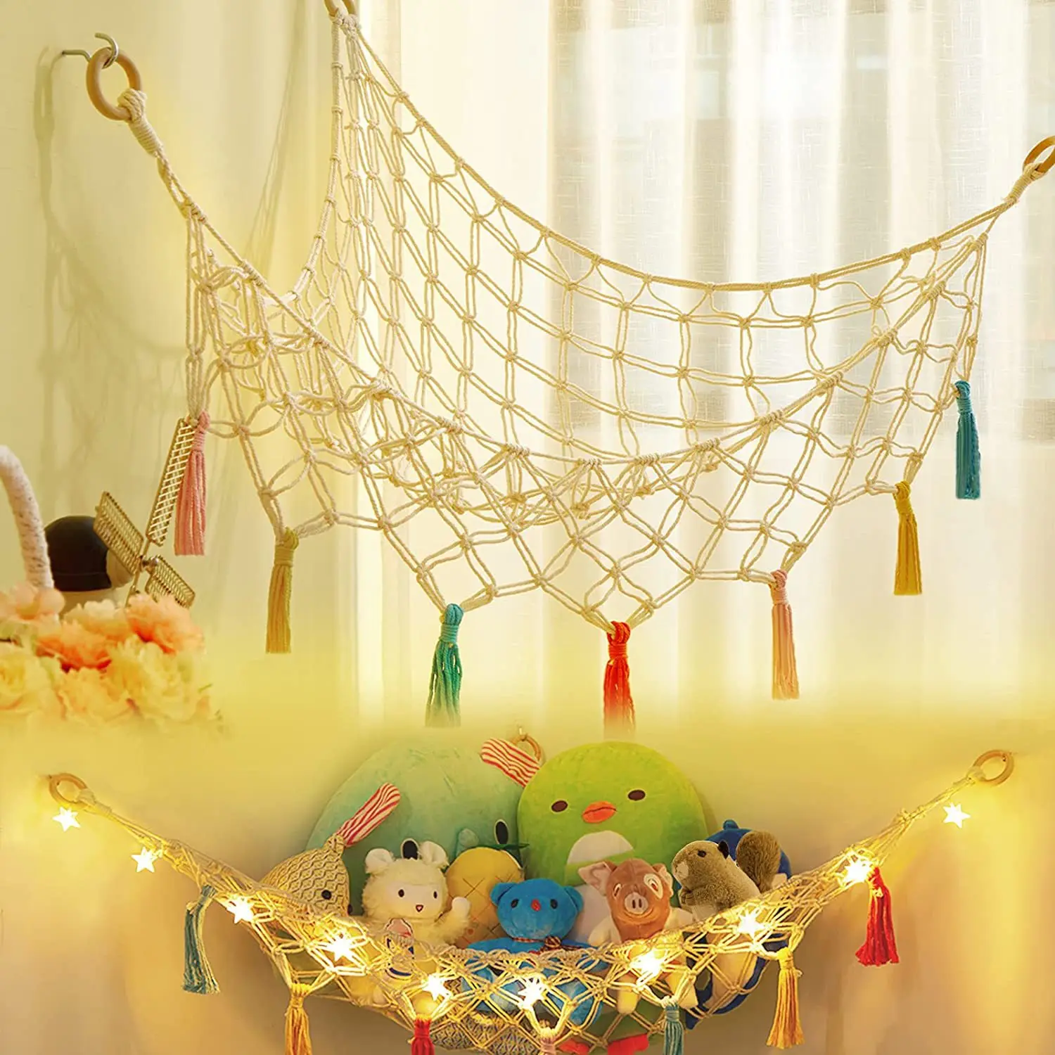 

Nordic Macrame Hand-woven cotton rope net pocket Toy hammock corner triangle net plush toy storage swing hammock Tapestry