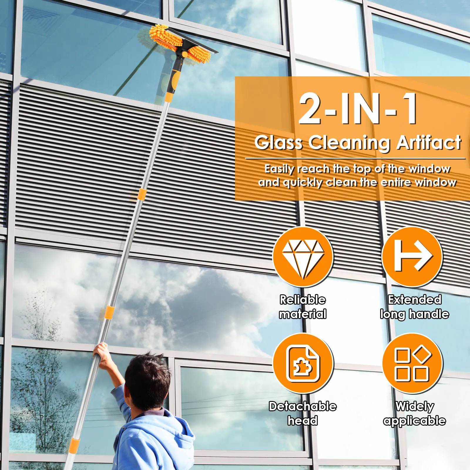 New 190CM Extended Window Cleaning Kit 2 in 1 Double Sided Glass Squeegee Cleaner Duster Mop 180° Swivel Window Cleaning Tools