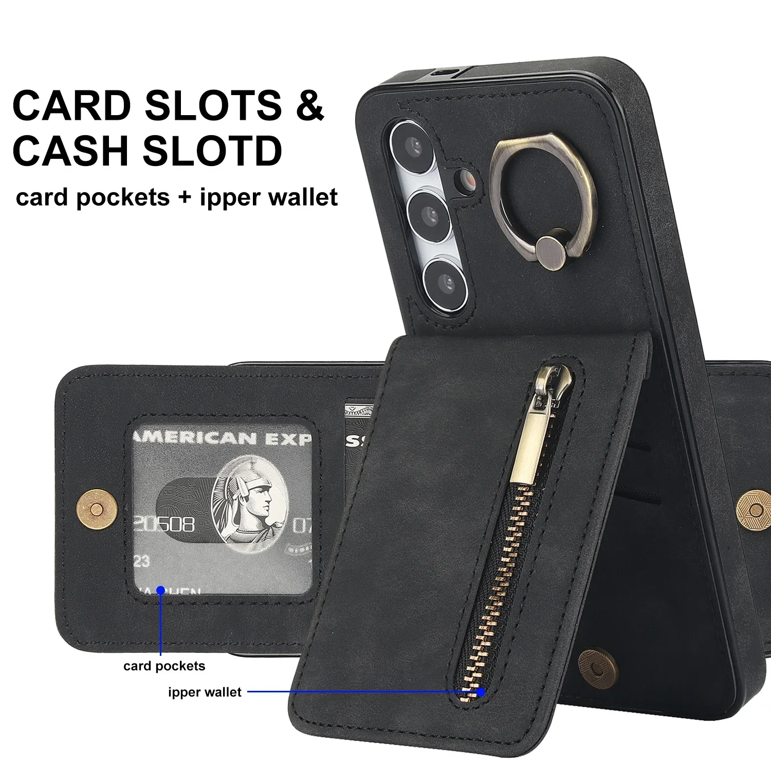 Leather Phone Case with Ring Holder and Wallet Card Slot
