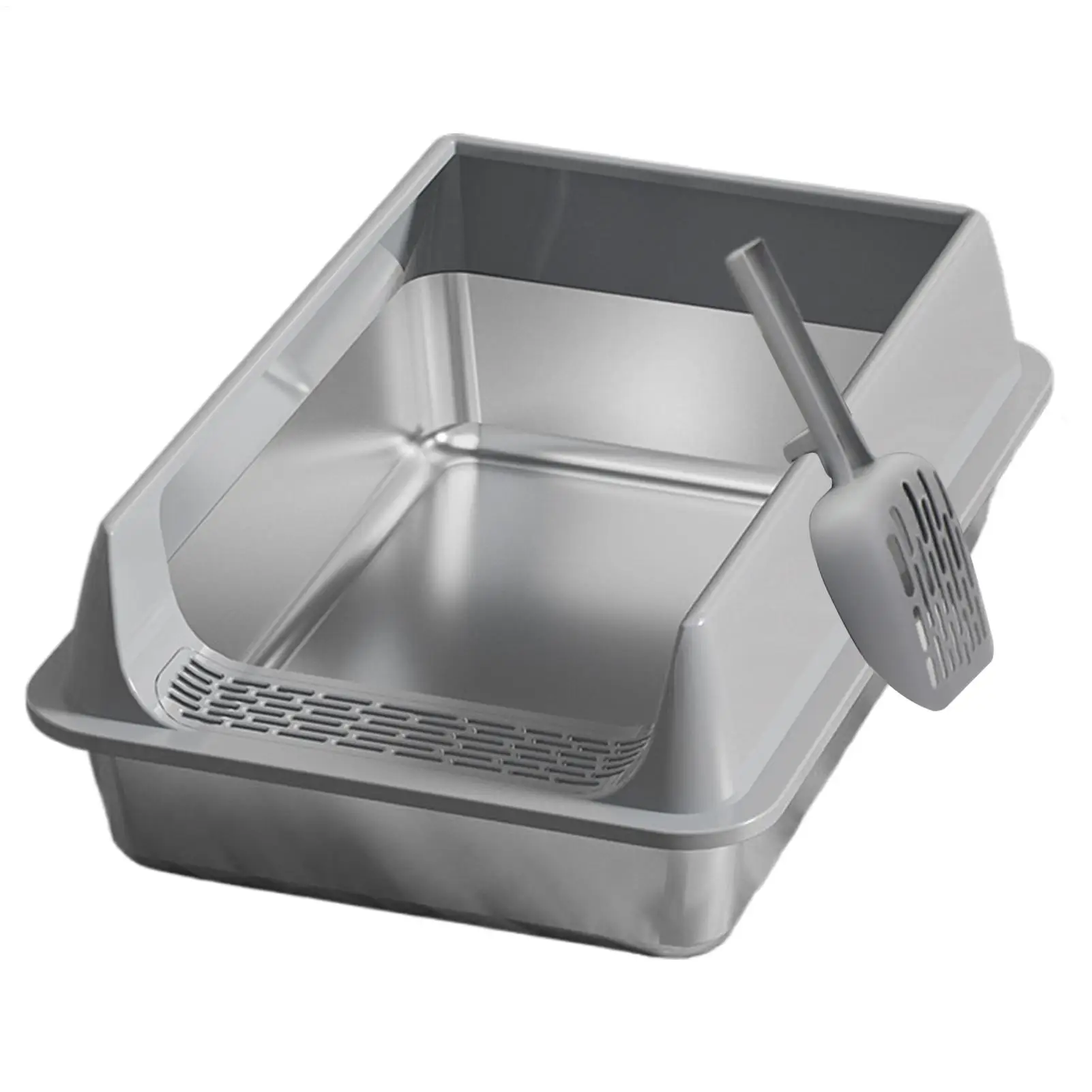 Stainless Steel cats Litter Box With Litter Spade Lid High Side Suitable For Large Cats Semi-Closed Litter Tray With Spoon