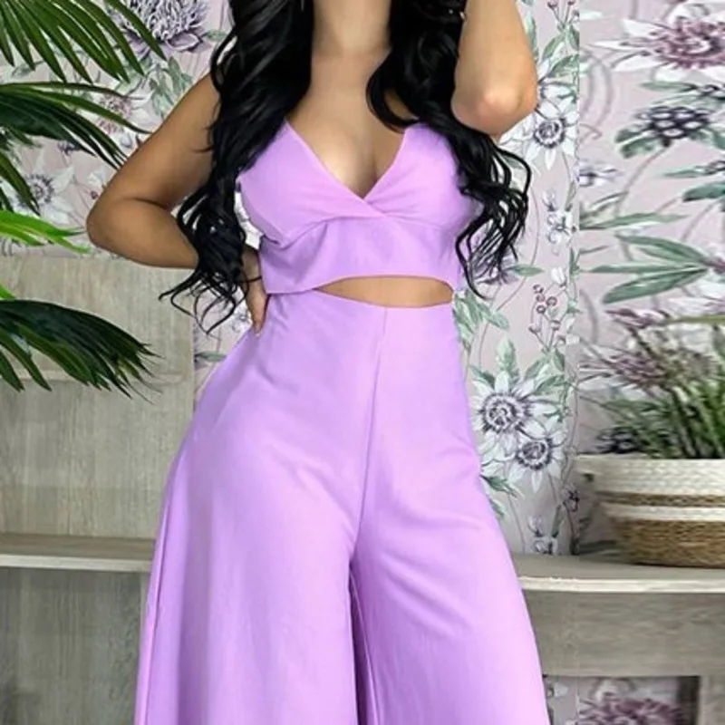 European and American Women's Clothing   Two-piece Set with Solid Color Suspender Vest  High Waist Insert Pocket  Wide Leg Pants