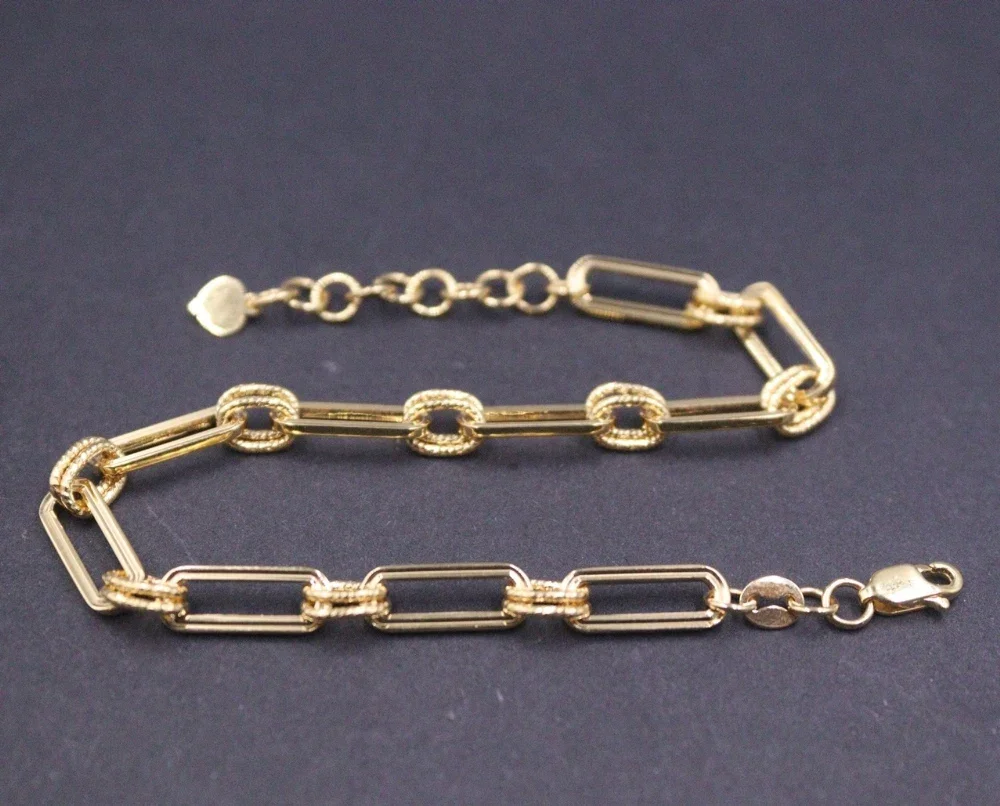 여성용 진짜 순수 18K 옐로우 골드 체인, 행운의 사각형 케이블, 타원형 링크 팔찌, 4.2g / 19cm
