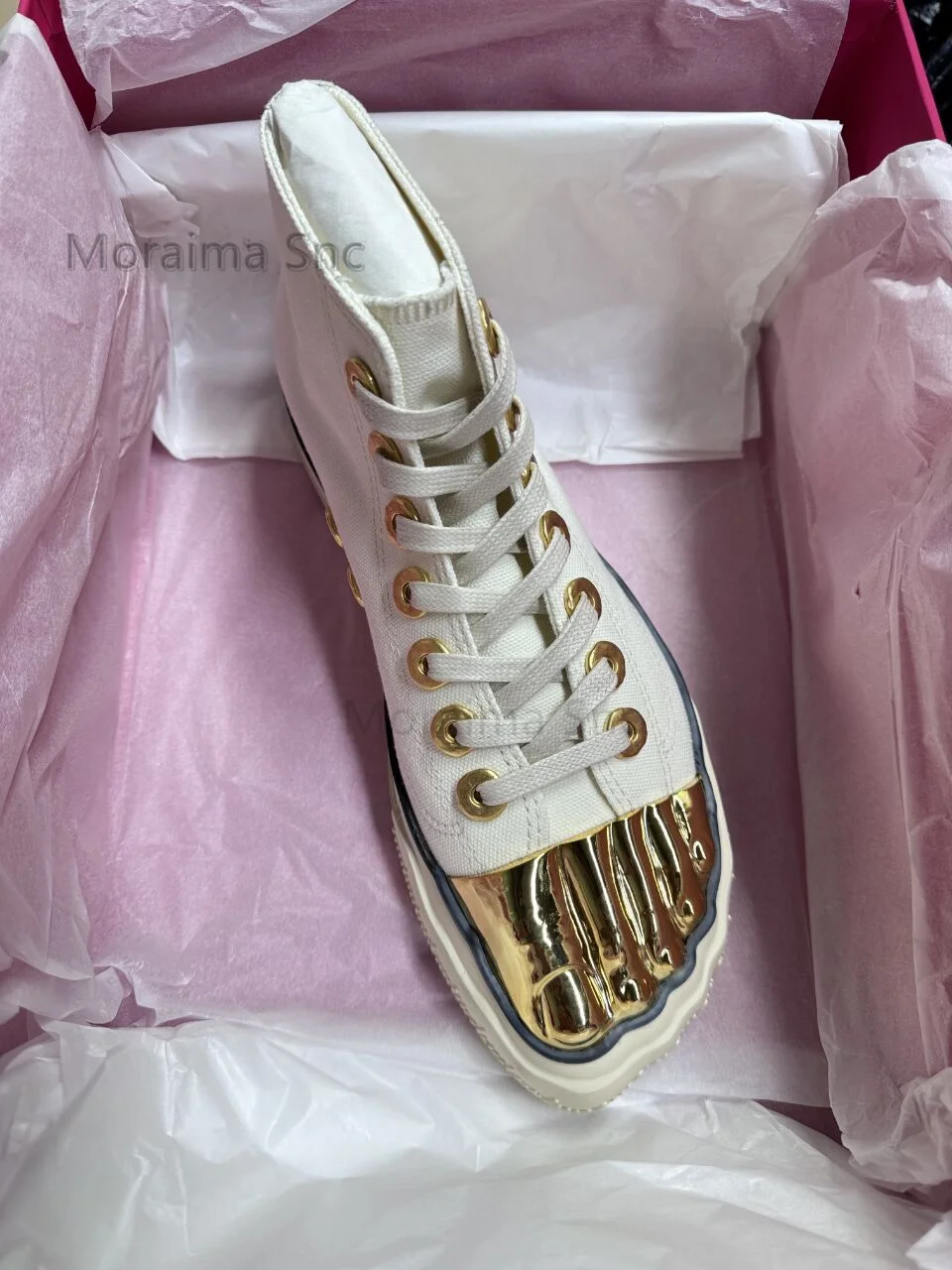 Gold Five Fingers High Top Canvas Shoes for Women White Lace Up Casual Sneakers Flats Sports Banquet Runway Women's Shoes 4