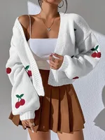 Women's Embroidered Cardigan, Fashionable, Low Shoulder, Cherry Pattern, Loose Jacket, Commuter Sweater