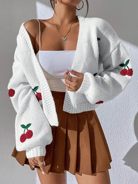 Fashionable low shoulder cherry embroidery pattern cardigan commuter sweater For women's