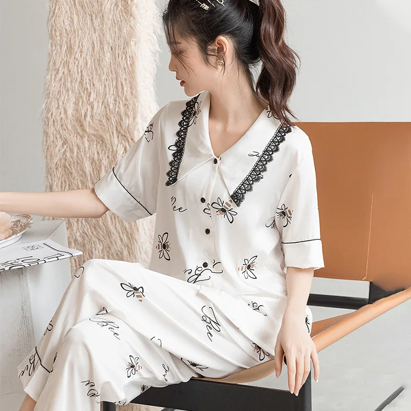 ladies pajama New ice silk pajamas women's high-end thin short-sleeved trousers silk lace pajamas for women cotton pjs