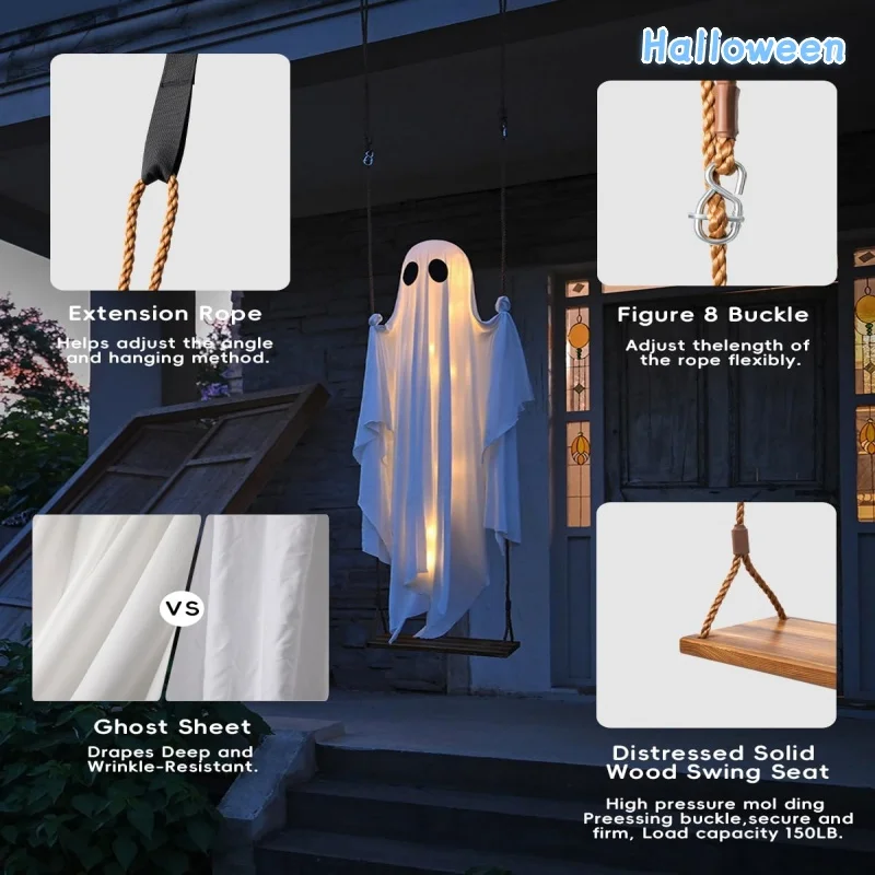 Halloween Large Hanging Swing Ghost Halloween Outdoor Decor with String Lights-Spooky Cute Ghosts Decor for Front Porch Yard Tre