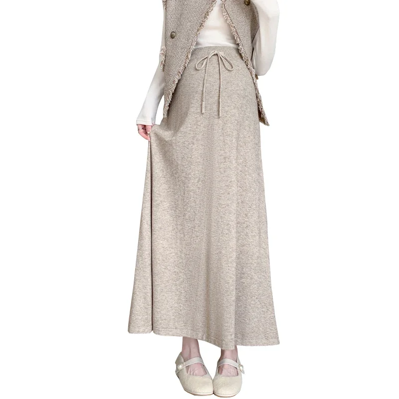 Autumn Winter Fashion Dense Knitted Long Skirts Maternity Drawstring High Waist A line Slim for Pregnant Women Youth Pregnancy