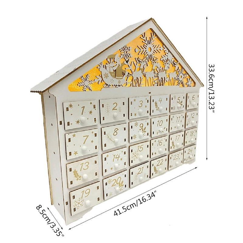 

H55A Christmas Wooden Advent Calendar LED Light Snowflake Reindeer Countdown Drawer