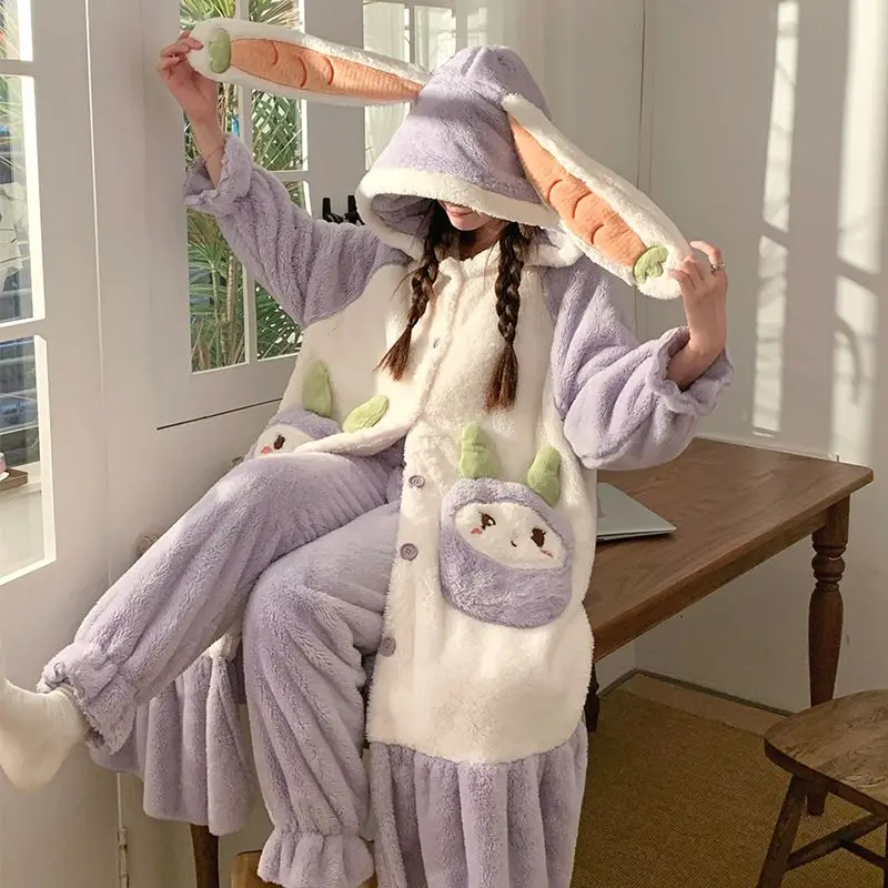 Coral Velvet Night-Robe Women Fleece-lined Thickened Autumn Winter Warm Cartoon Hooded Nightclothes Suit Female Flannel Homewear