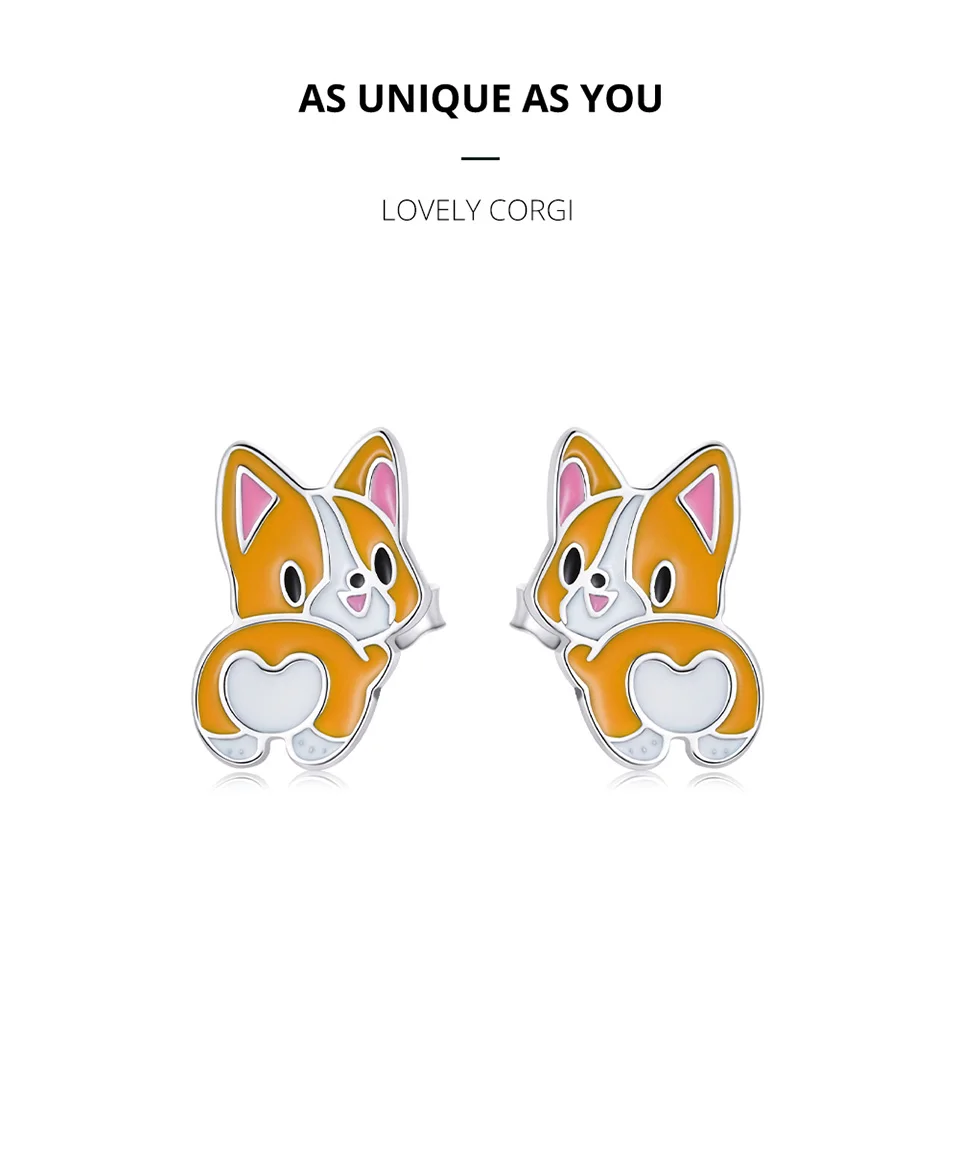 Sterling Silver Cute Corgi Open Ring Pet Animal Stud Earrings Enamel for Women - PeticaDeals