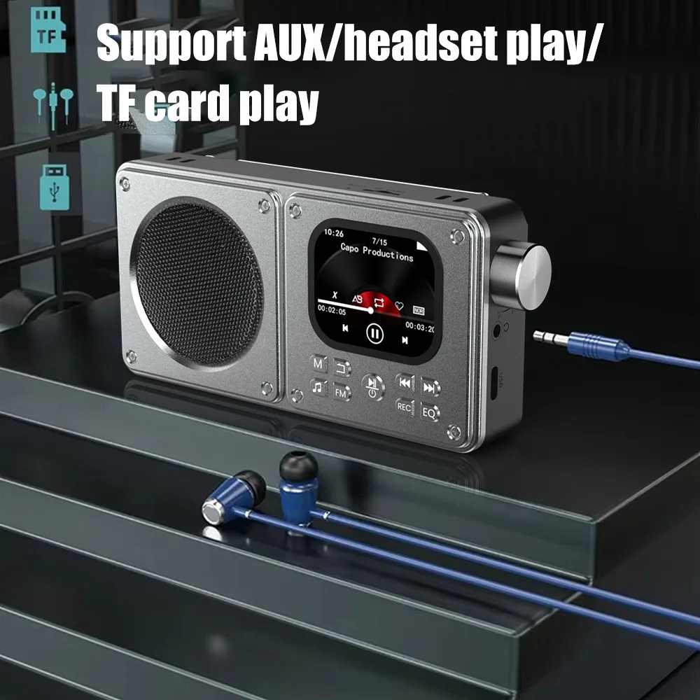 Mini Portable FM Radio Alarm Clock Radios Recorder 2inch IPS Screen  MP3 Video Player Bluetooth Speaker Support TF Sleep Timer