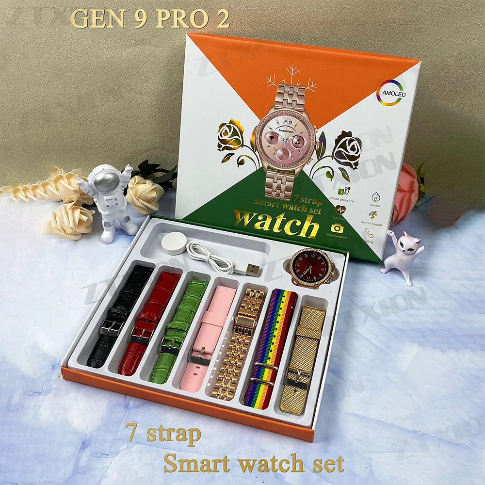 Fashion Ladies Gift Round Smart Watches Gen9 Pro2 7Straps Gen9 Reloj Inteligente Cardiofrequenzimetro Serie 9 Per Le Donne