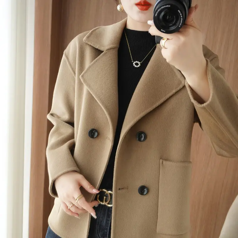 Women's Double-Sided Cashmere Coat, Loose Short Coat, Monochromatic Outerwear, Female Fashion, Temperament, Autumn, Winter,2024