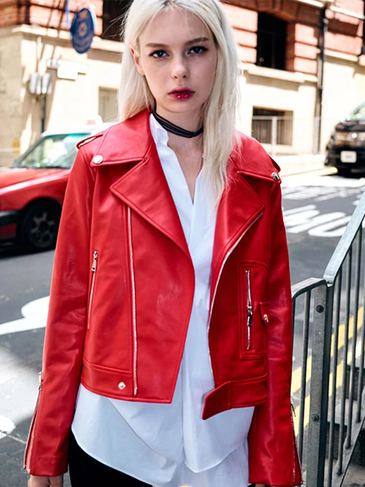 FMFSSOM Spring Soft Women Faux Leather Red Coat Female PU Leather