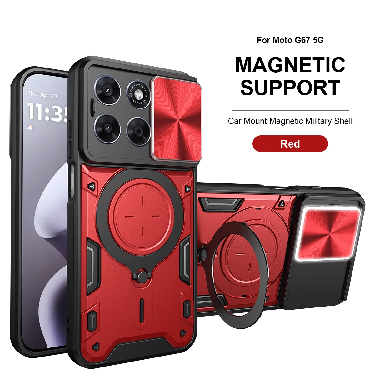 Heavy Duty Rugged Armor Phone Case with Magnetic Bracket and Slide Camera Protection Cover