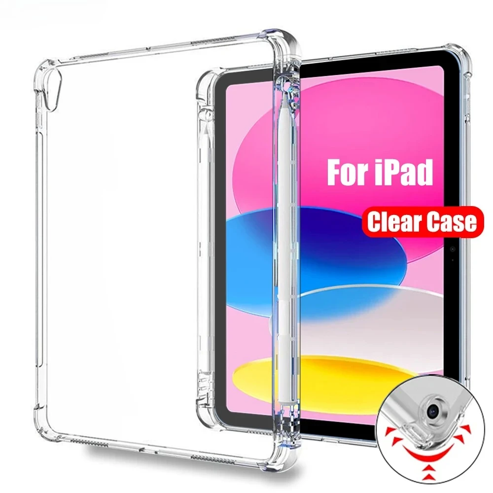 Clear iPad Case with Pencil Holder - Durable, Soft TPU Protective Cover