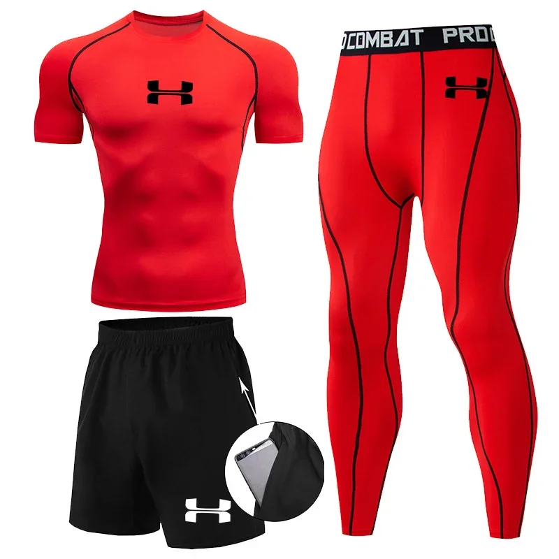 N-Print Rashguard Men Sportswear Compression Suits Quick Dry Gym Fitness Running Tracksuits Men T Shirts+Shorts 3 Pieces Sets 5