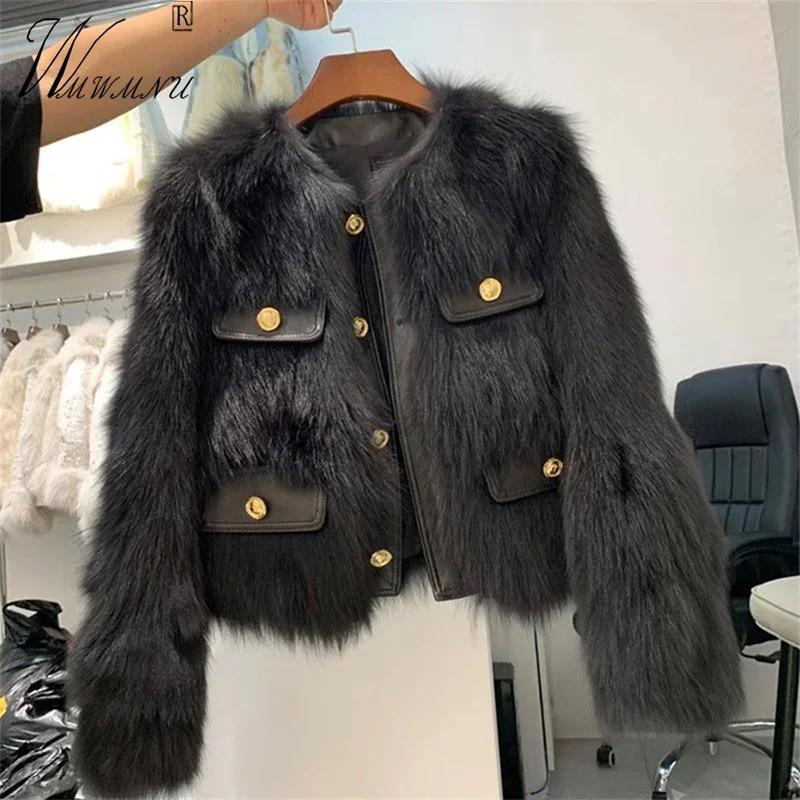 

Vintage Round Neck Faux Fur Coats Short Winter Thicken Fox Furry Casaco Korean Fashion Warm Plush F Chaquetas Cropped Jaqueta