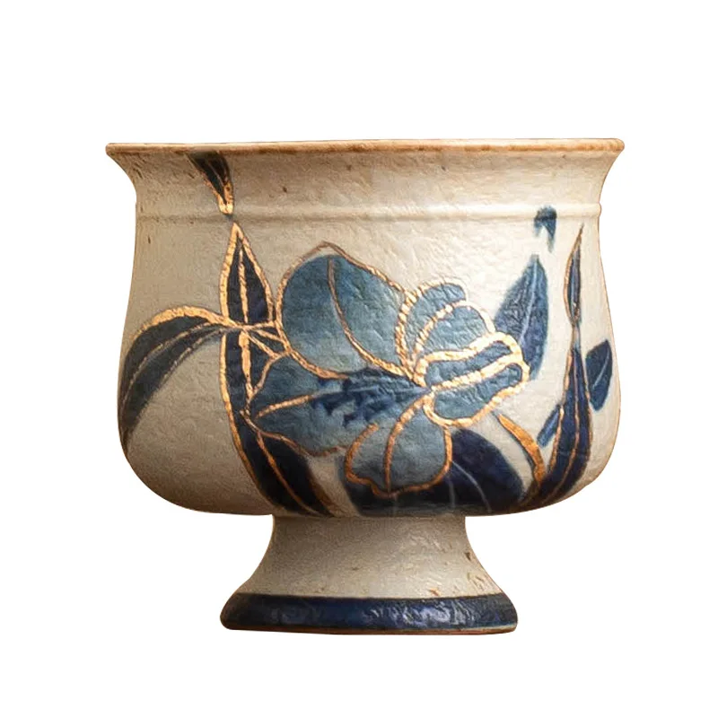 Blue and white flint red ceramic teacup gold painted hand painted lily tall cup master cup household kung fu tea cup single