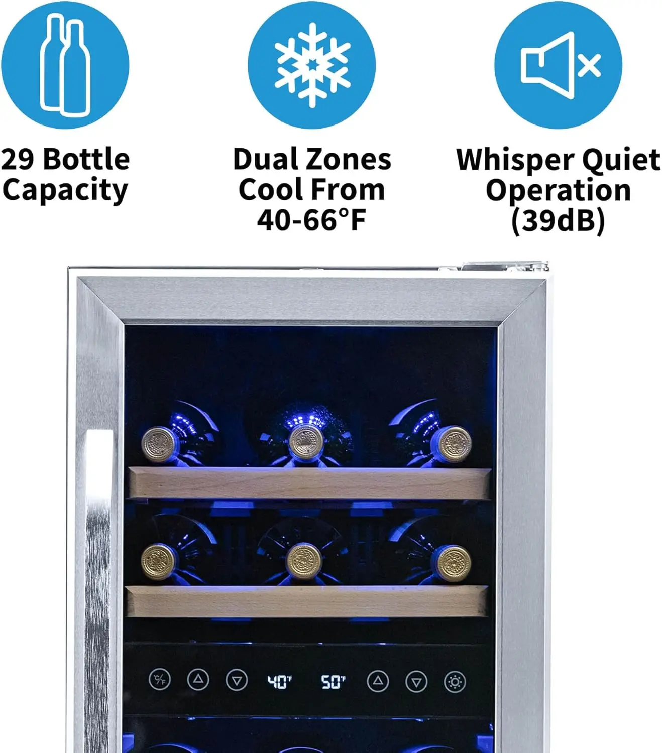 29 Bottle Dual Temperature Zone Wine Fridge, Quiet Operation Wine Cooler with Beech Wood Shelves 2