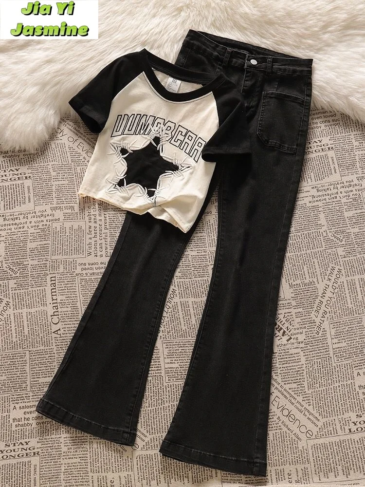 Salt Sweet Cool Style Set with Star Design and Spicy Girl Raglan Sleeve Short Top Women's Micro La Jeans 2-Piece Set