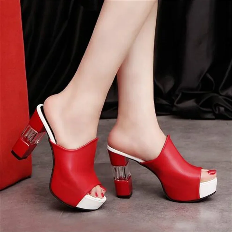 

Ladies Leather Sole Slippers Women Sexy High Thick Heel 12cm Mules Black Red White Peep Toe Platform PU Sandals Shoes Breathable