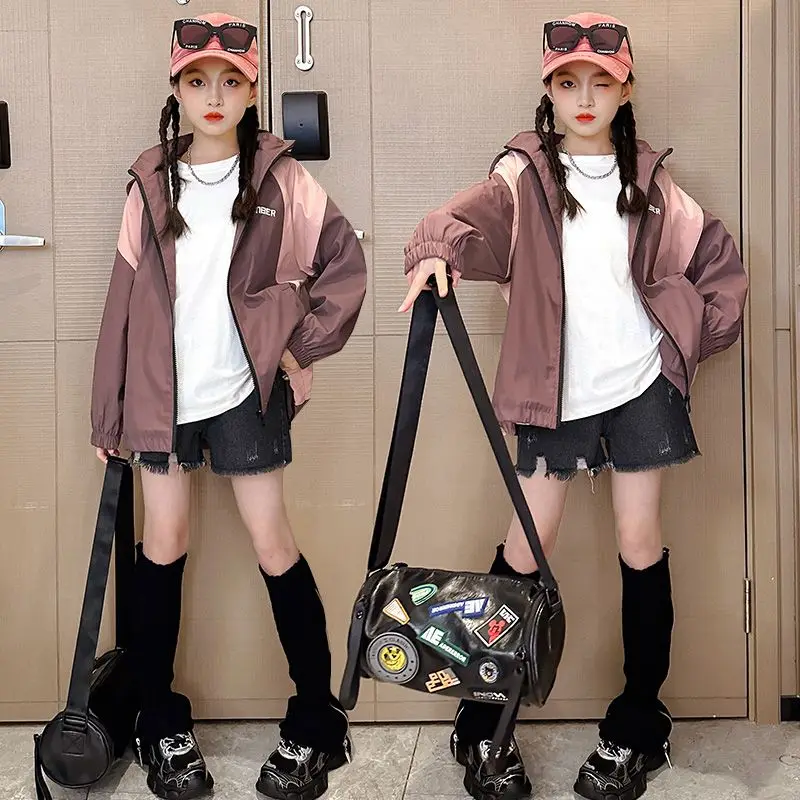 

Girl Top 2023 New Spring Summer Korean Fashion Style Outdoor Jacket Girls Patchwork Windproof Jacket Children Outerwear Clothe